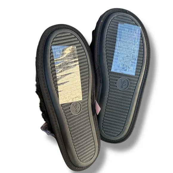 Victoria’s Secret Faux Fur Slippers Black Velvet Bow Medium 7-8 NWT Plush Cozy - Picture 4 of 6